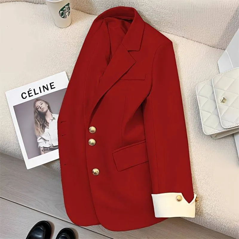 Women's Elegant Blazer Jacket with Gold Buttons and Stylish White Contrast Cuffs for Office Wear thumbnail 10