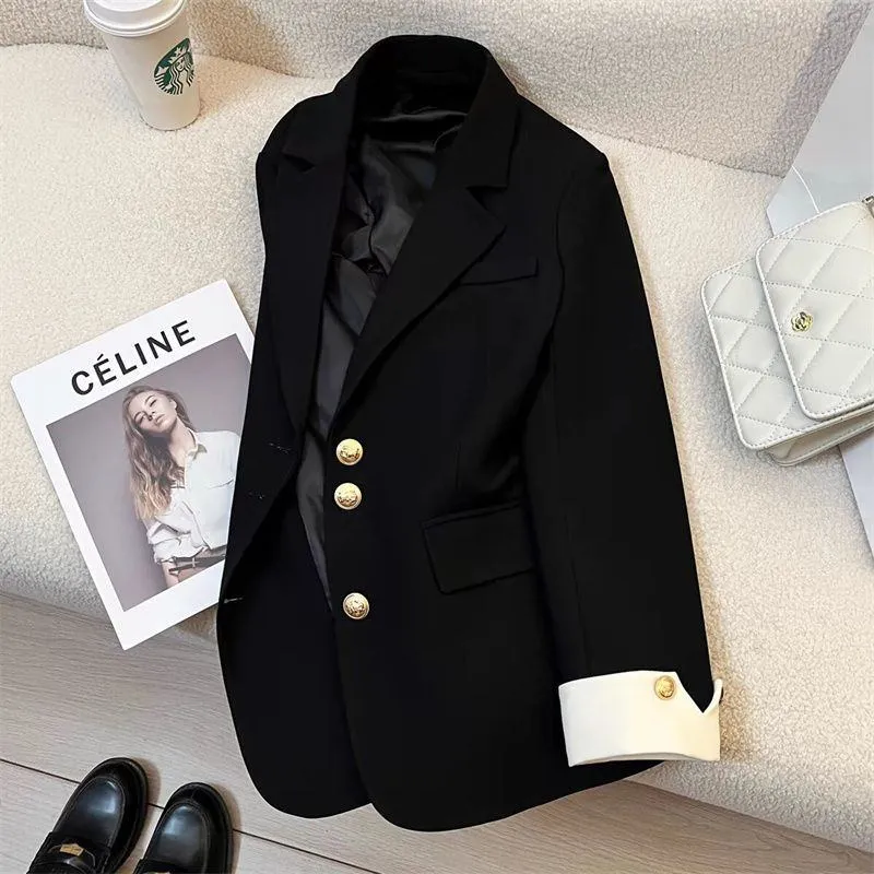 Women's Elegant Blazer Jacket with Gold Buttons and Stylish White Contrast Cuffs for Office Wear thumbnail 1