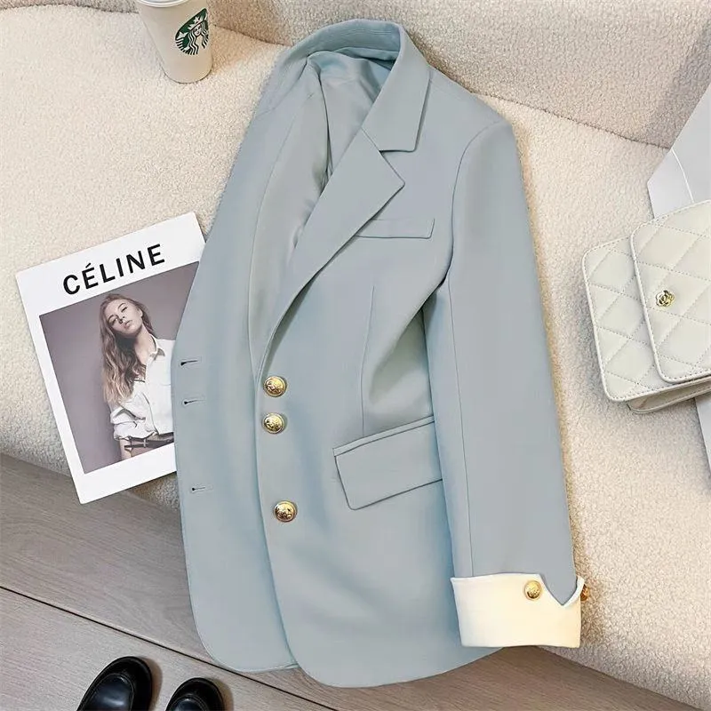 Women's Elegant Blazer Jacket with Gold Buttons and Stylish White Contrast Cuffs for Office Wear thumbnail 3