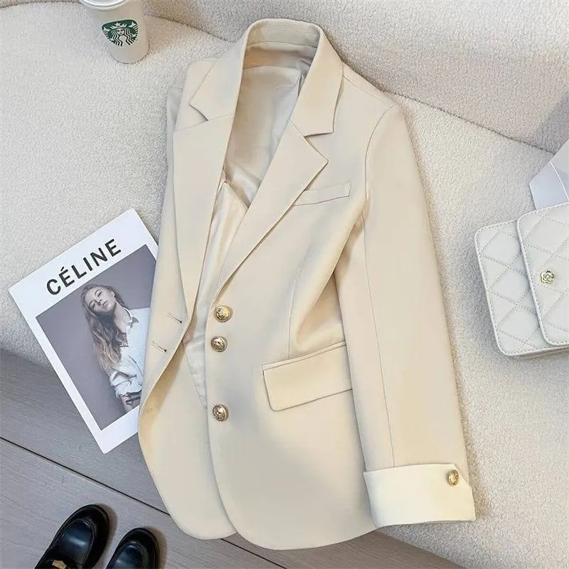 Women's Elegant Blazer Jacket with Gold Buttons and Stylish White Contrast Cuffs for Office Wear thumbnail 5