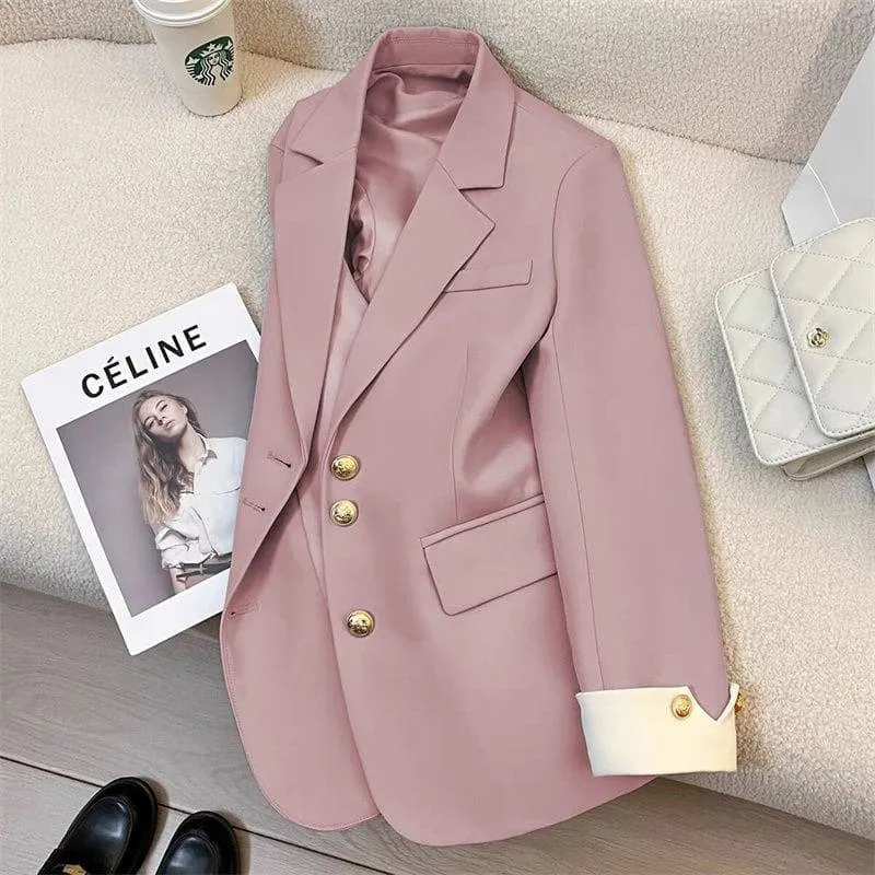 Women's Elegant Blazer Jacket with Gold Buttons and Stylish White Contrast Cuffs for Office Wear thumbnail 6