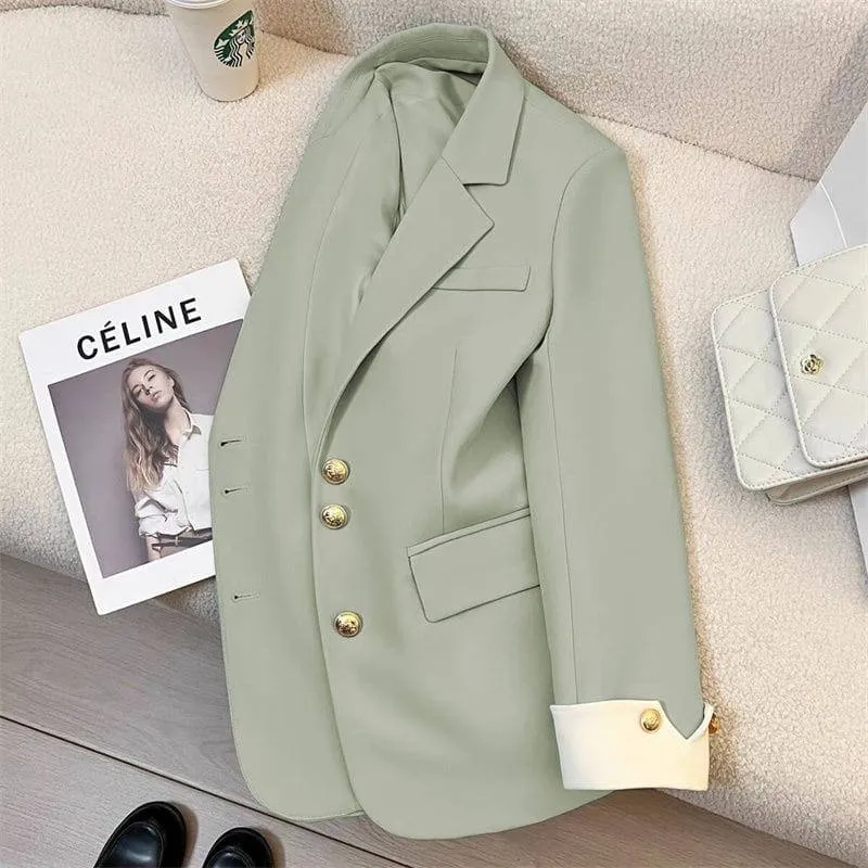 Women's Elegant Blazer Jacket with Gold Buttons and Stylish White Contrast Cuffs for Office Wear thumbnail 7