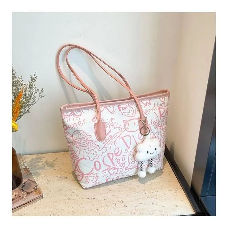 Women's Cute Cartoon Doodle Print Tote Shoulder Bag with Fluffy Cloud Plush Pendant and Cosper Graffiti Art thumbnail 2