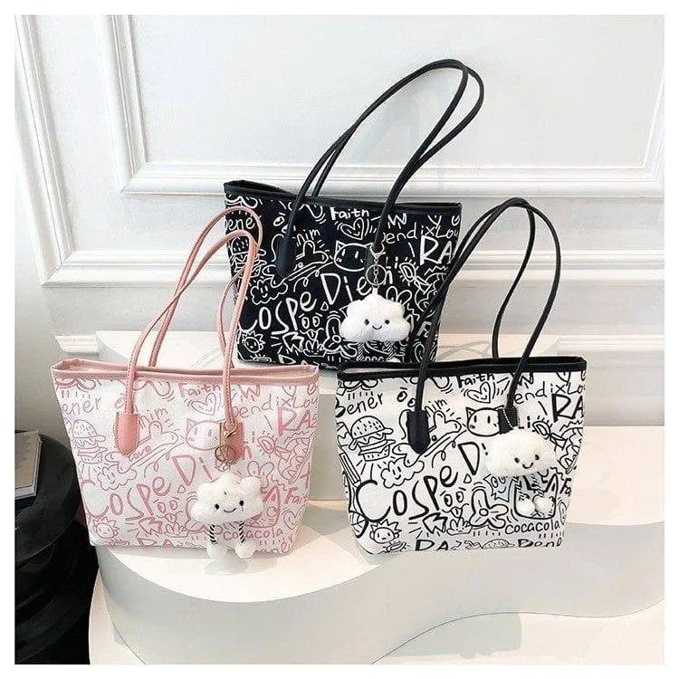 Women's Cute Cartoon Doodle Print Tote Shoulder Bag with Fluffy Cloud Plush Pendant and Cosper Graffiti Art thumbnail 1