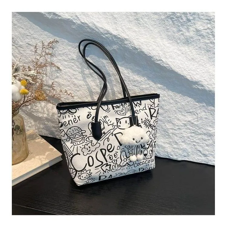 Women's Cute Cartoon Doodle Print Tote Shoulder Bag with Fluffy Cloud Plush Pendant and Cosper Graffiti Art thumbnail 3