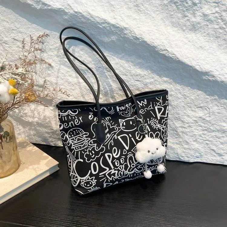 Women's Cute Cartoon Doodle Print Tote Shoulder Bag with Fluffy Cloud Plush Pendant and Cosper Graffiti Art thumbnail 4
