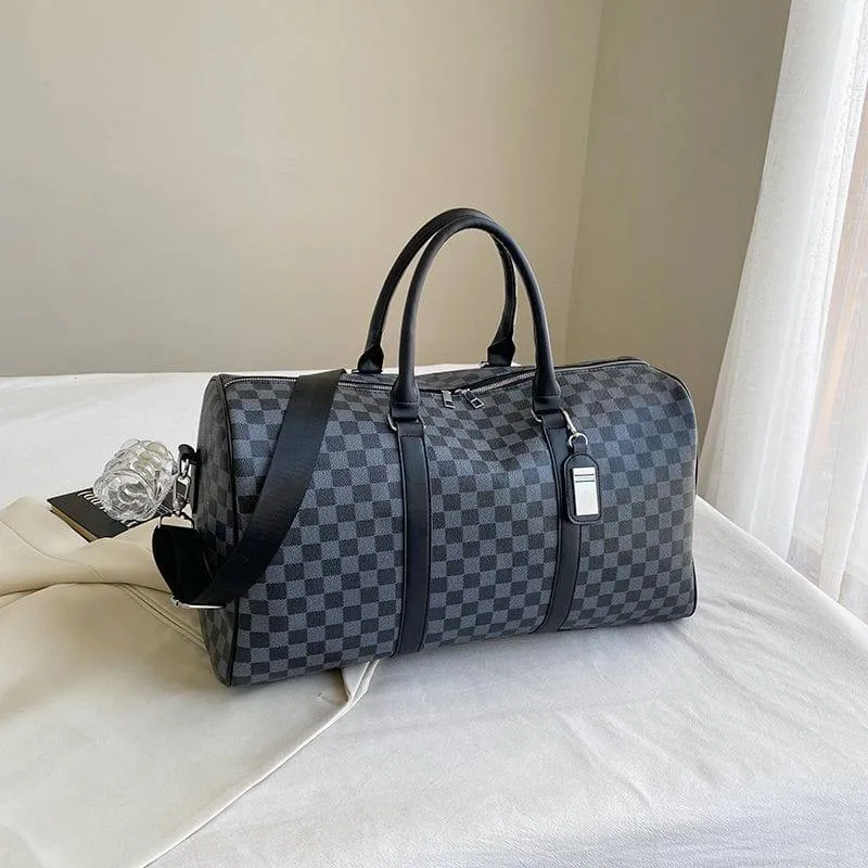 Unisex Black and Grey Checkered Print Large Capacity Duffle Bag Weekender Travel Luggage with Shoulder Strap thumbnail 1
