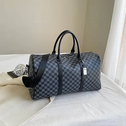 Unisex Black and Grey Checkered Print Large Capacity Duffle Bag Weekender Travel Luggage with Shoulder Strap