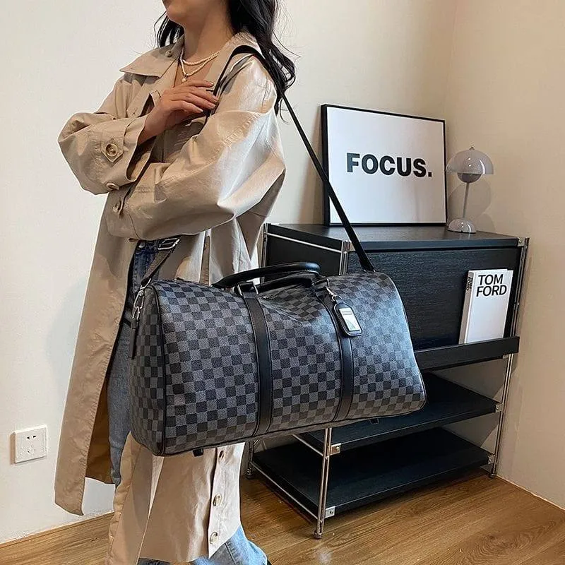 Unisex Black and Grey Checkered Print Large Capacity Duffle Bag Weekender Travel Luggage with Shoulder Strap thumbnail 2