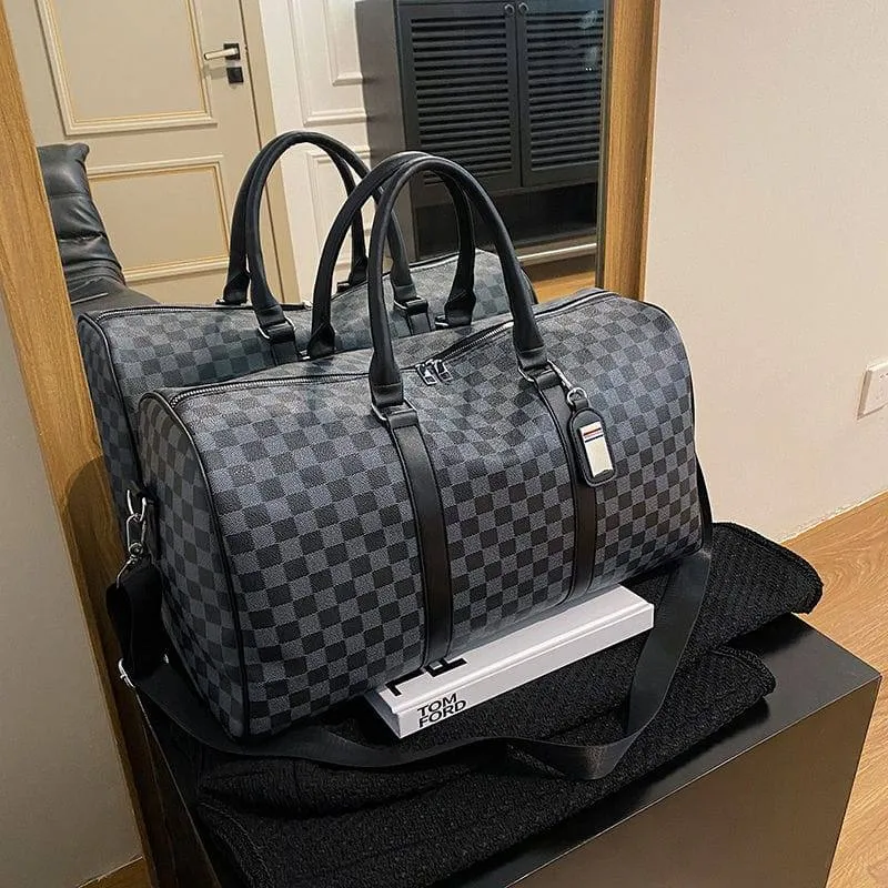 Unisex Black and Grey Checkered Print Large Capacity Duffle Bag Weekender Travel Luggage with Shoulder Strap thumbnail 3