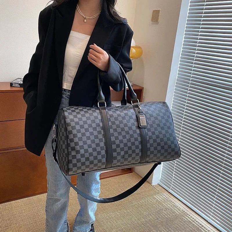 Unisex Black and Grey Checkered Print Large Capacity Duffle Bag Weekender Travel Luggage with Shoulder Strap thumbnail 4