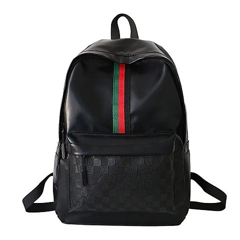 Unisex Black and Grey Checkered Print Backpack with Green and Red Vertical Stripe Detail Travel School Bag
