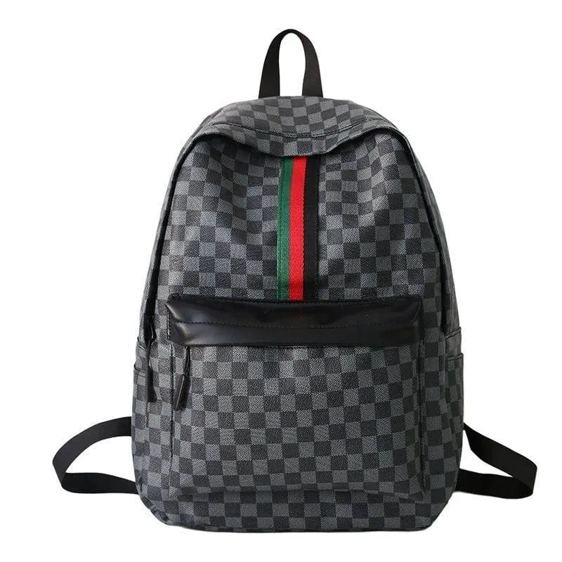 Unisex Black and Grey Checkered Print Backpack with Green and Red Vertical Stripe Detail Travel School Bag thumbnail 2