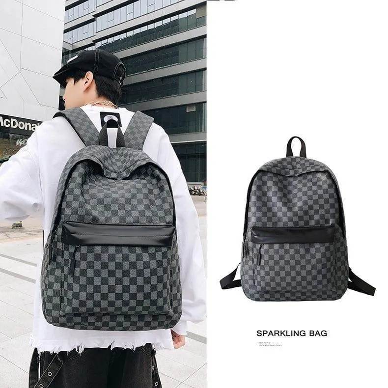 Unisex Black and Grey Checkered Print Backpack with Green and Red Vertical Stripe Detail Travel School Bag thumbnail 3