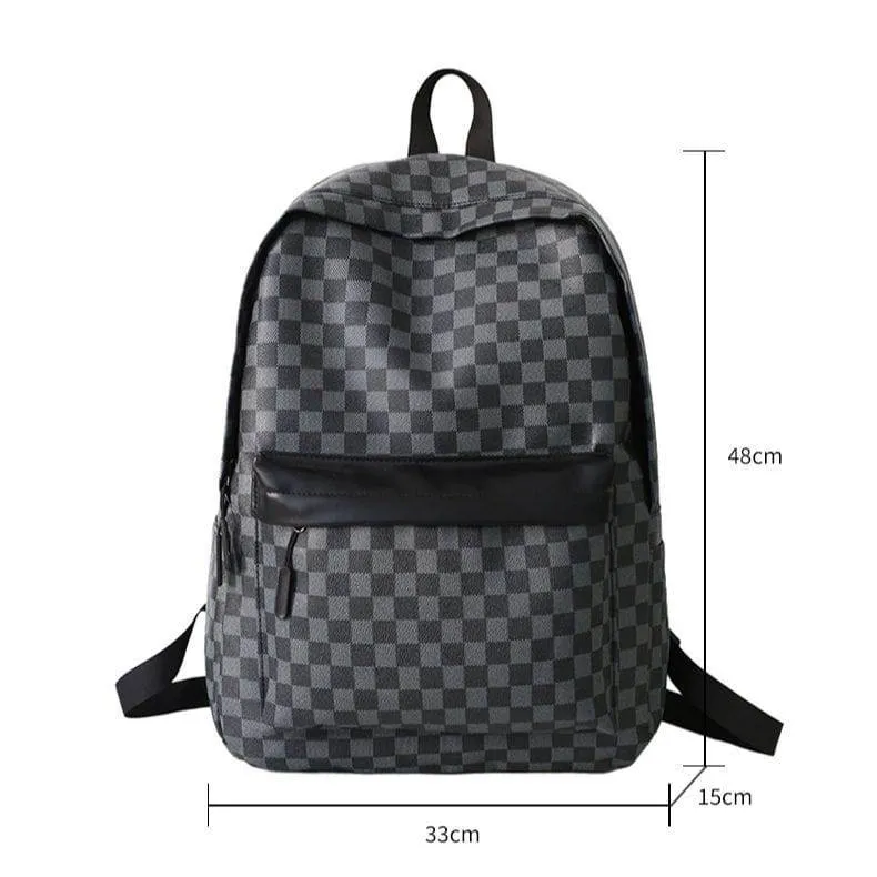 Unisex Black and Grey Checkered Print Backpack with Green and Red Vertical Stripe Detail Travel School Bag thumbnail 4