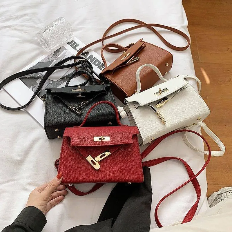 Women's Elegant Beige Mini Structured Crossbody Handbag Top Handle Flap Bag with Gold Turn-Lock Hardware thumbnail 1