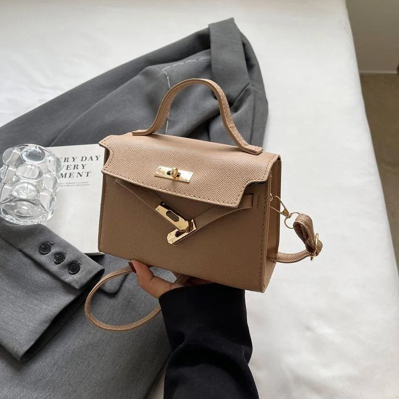 Women's Elegant Beige Mini Structured Crossbody Handbag Top Handle Flap Bag with Gold Turn-Lock Hardware thumbnail 3