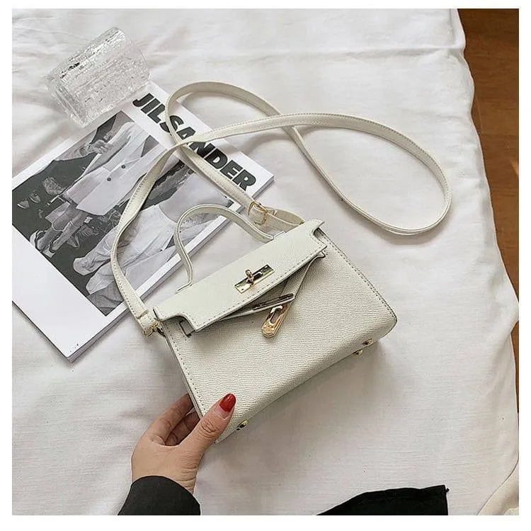 Women's Elegant Beige Mini Structured Crossbody Handbag Top Handle Flap Bag with Gold Turn-Lock Hardware thumbnail 2