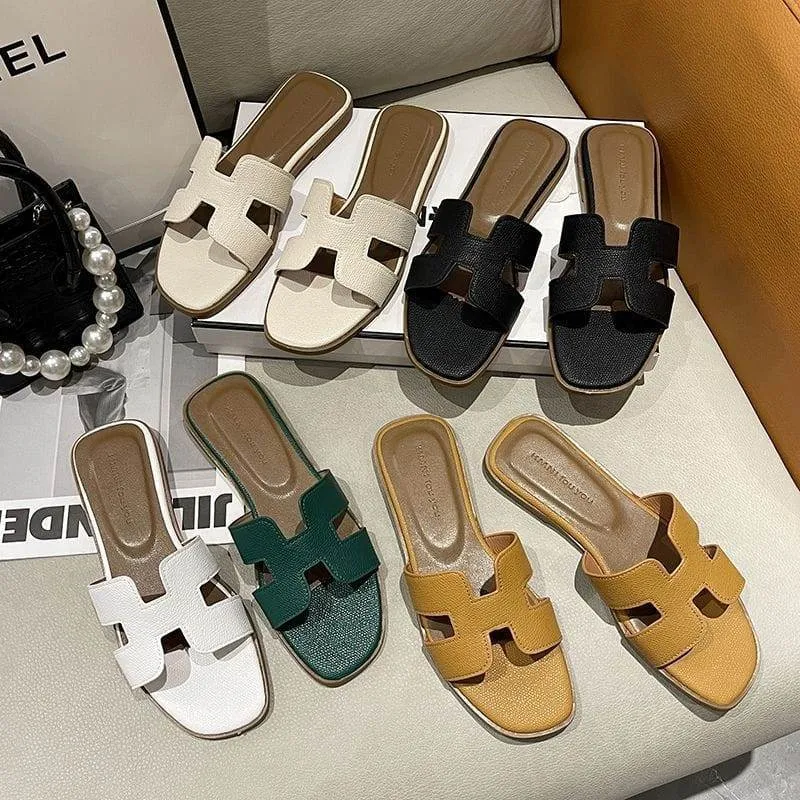 Women's White H-Strap Flat Slide Sandals Faux Leather Slip-On Summer Casual Shoes with Brown Insole thumbnail 1