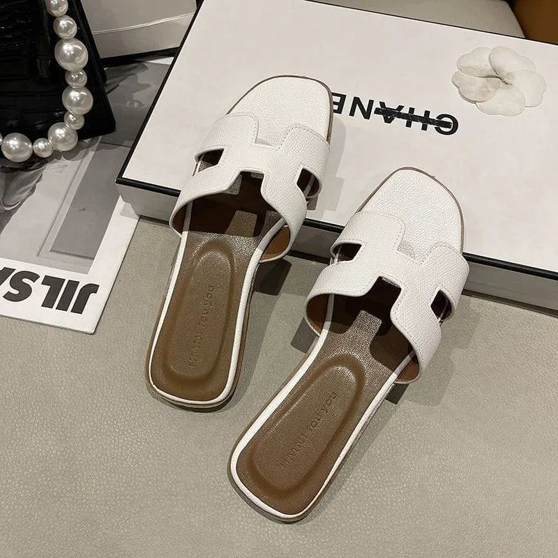 Women's White H-Strap Flat Slide Sandals Faux Leather Slip-On Summer Casual Shoes with Brown Insole thumbnail 3