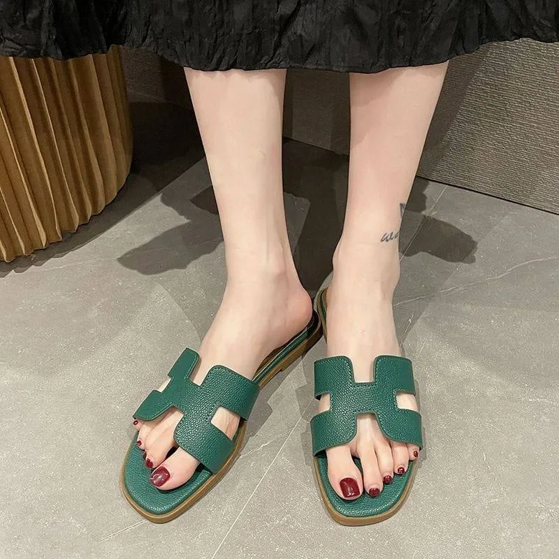 Women's White H-Strap Flat Slide Sandals Faux Leather Slip-On Summer Casual Shoes with Brown Insole thumbnail 2