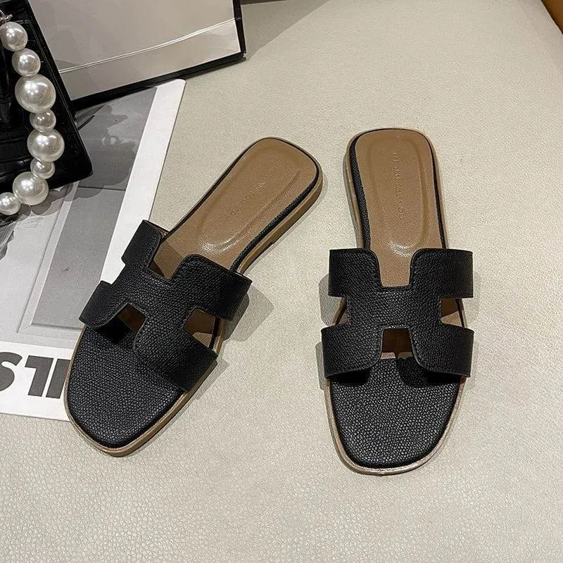 Women's White H-Strap Flat Slide Sandals Faux Leather Slip-On Summer Casual Shoes with Brown Insole thumbnail 4