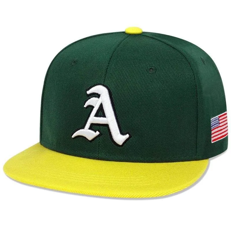 Unisex Green and Yellow Flat Brim Snapback Baseball Cap with Embroidered Gothic Letter A and US Flag Patch thumbnail 2