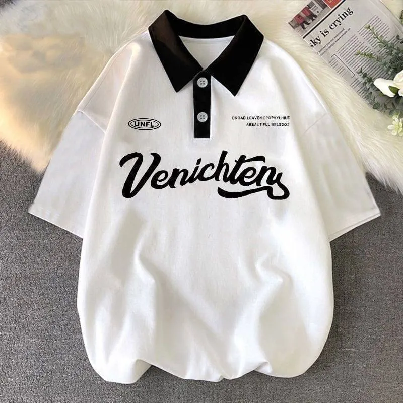 Unisex Black Oversized Graphic Polo T-Shirt with White Contrast Collar Vintage Streetwear Y2K Casual Top thumbnail 3