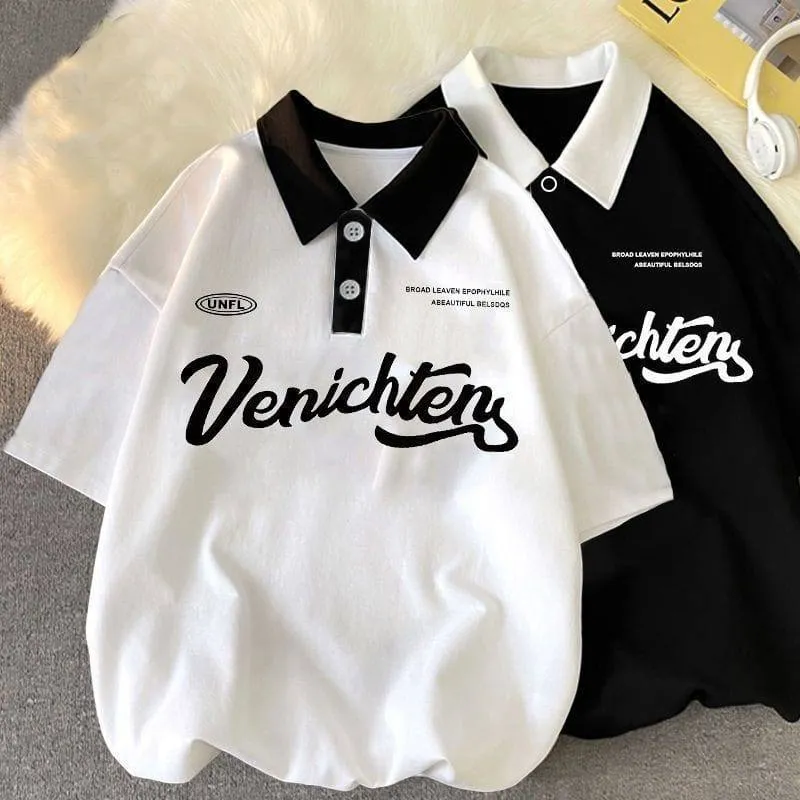 Unisex Black Oversized Graphic Polo T-Shirt with White Contrast Collar Vintage Streetwear Y2K Casual Top thumbnail 1