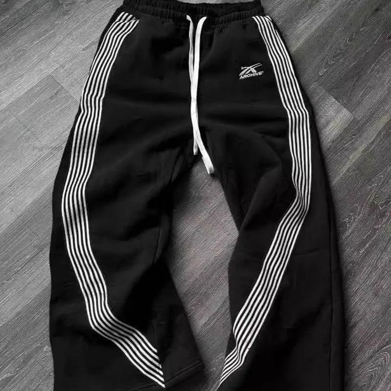 Unisex Wide Leg Track Pants with Curved White Stripes Archive Logo Baggy Y2K Streetwear Sweatpants thumbnail 2