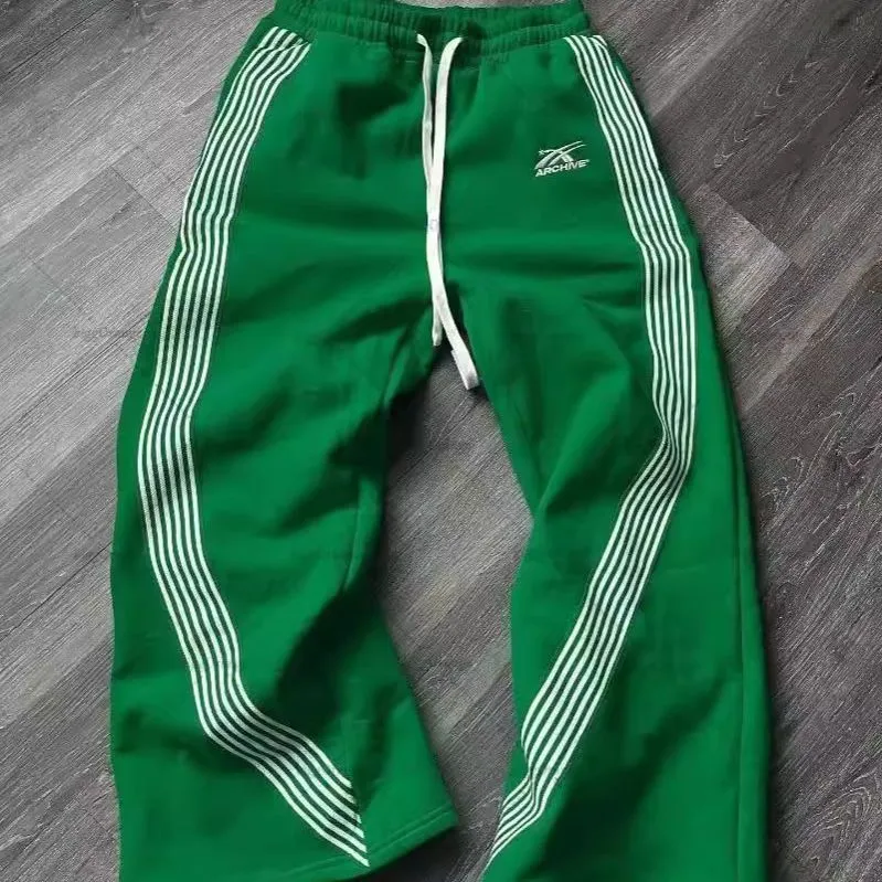 Unisex Wide Leg Track Pants with Curved White Stripes Archive Logo Baggy Y2K Streetwear Sweatpants thumbnail 1