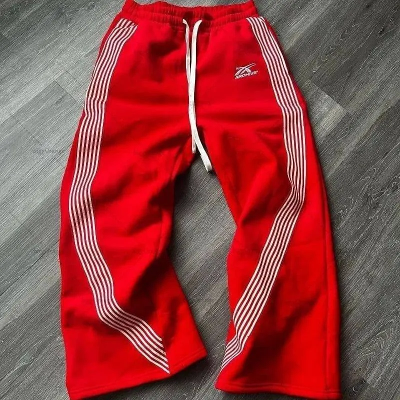 Unisex Wide Leg Track Pants with Curved White Stripes Archive Logo Baggy Y2K Streetwear Sweatpants thumbnail 4