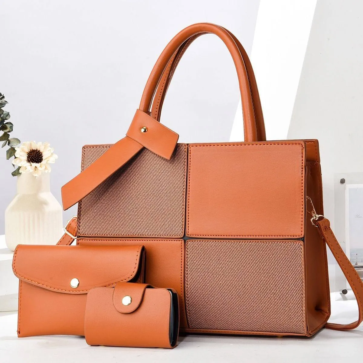 Women's 3-Piece Handbag Set Patchwork Top Handle Tote Bag with Crossbody Strap and Matching Wallets thumbnail 5