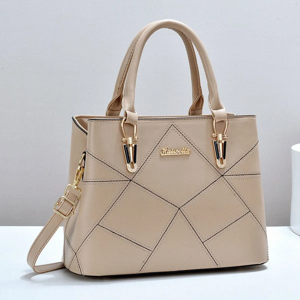 Women's Structured Top Handle Handbag Geometric Stitched Faux Leather Tote Crossbody Bag with Gold Hardware thumbnail 1