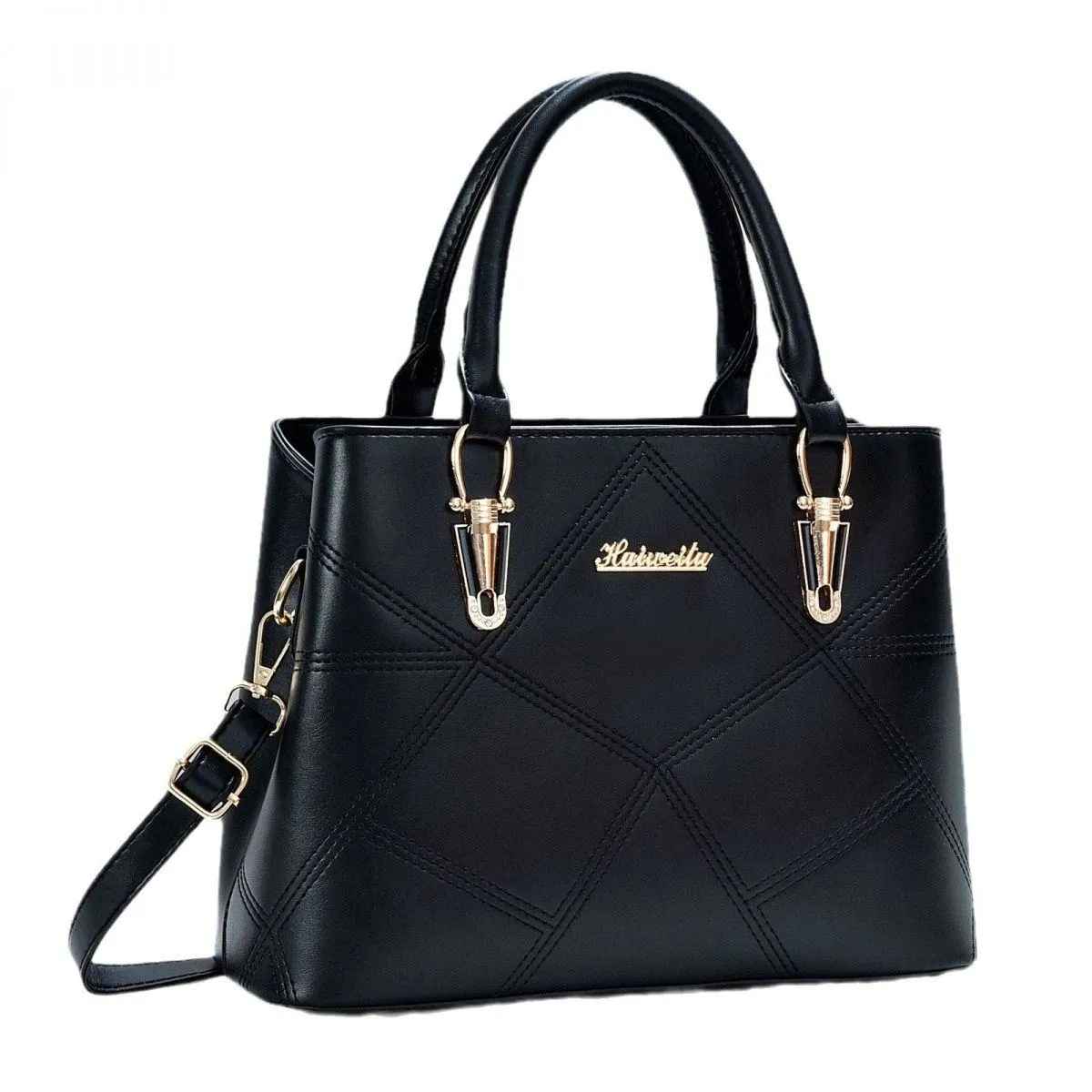 Women's Structured Top Handle Handbag Geometric Stitched Faux Leather Tote Crossbody Bag with Gold Hardware thumbnail 2