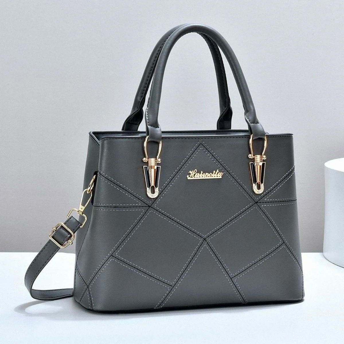 Women's Structured Top Handle Handbag Geometric Stitched Faux Leather Tote Crossbody Bag with Gold Hardware thumbnail 4