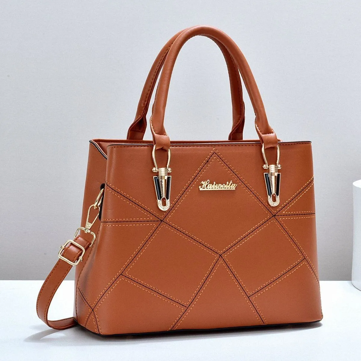 Women's Structured Top Handle Handbag Geometric Stitched Faux Leather Tote Crossbody Bag with Gold Hardware thumbnail 5