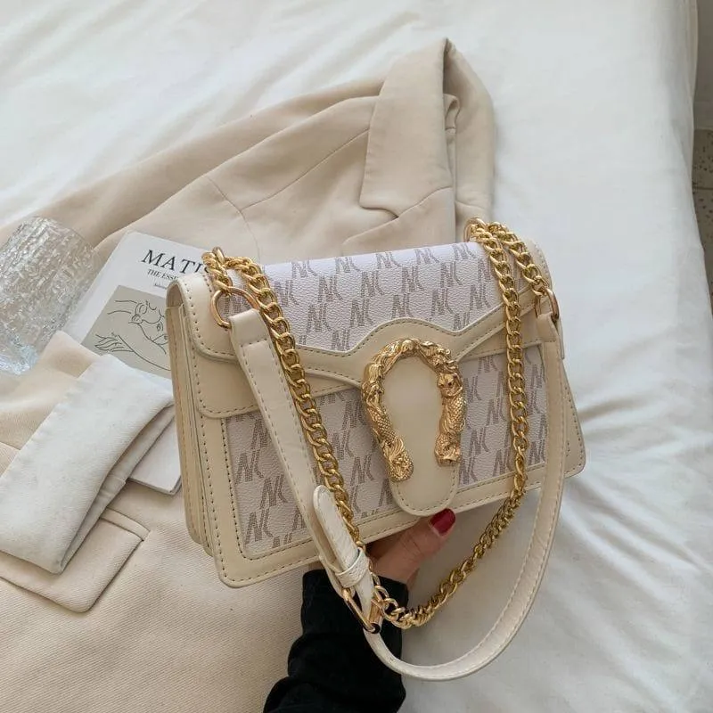 Women's Monogram Flap Bag Structured Crossbody Handbag with Ornate Gold Horseshoe Buckle Chain Strap thumbnail 2