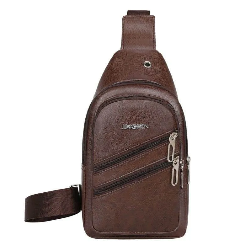 Men's Brown Faux Leather Sling Bag Crossbody Chest Backpack with Multiple Zipper Pockets Casual Daypack thumbnail 1