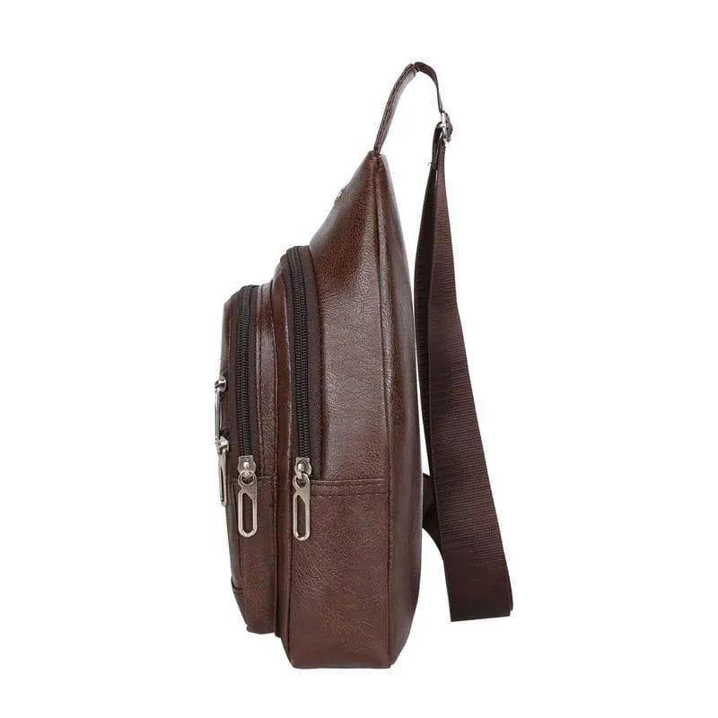 Men's Brown Faux Leather Sling Bag Crossbody Chest Backpack with Multiple Zipper Pockets Casual Daypack thumbnail 2