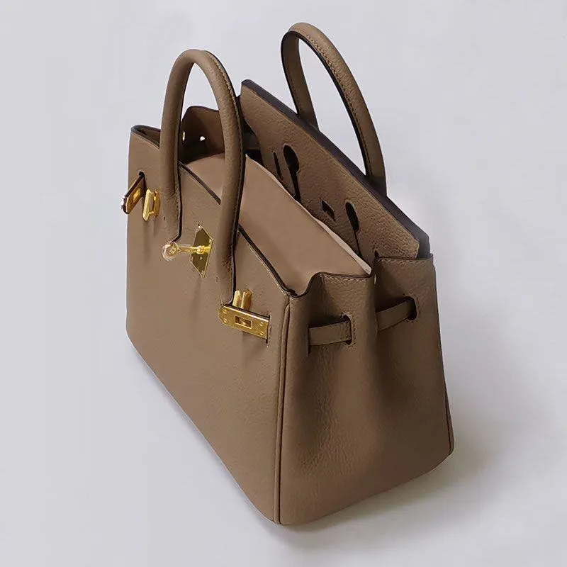 Women's Taupe Pebbled Faux Leather Structured Top Handle Tote Bag Satchel with Gold Turn Lock Hardware - Image 1