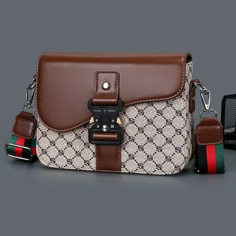 Women's Patterned Crossbody Bag Flap Saddle Purse with Tactical Buckle and Colorful Striped Woven Strap thumbnail 1