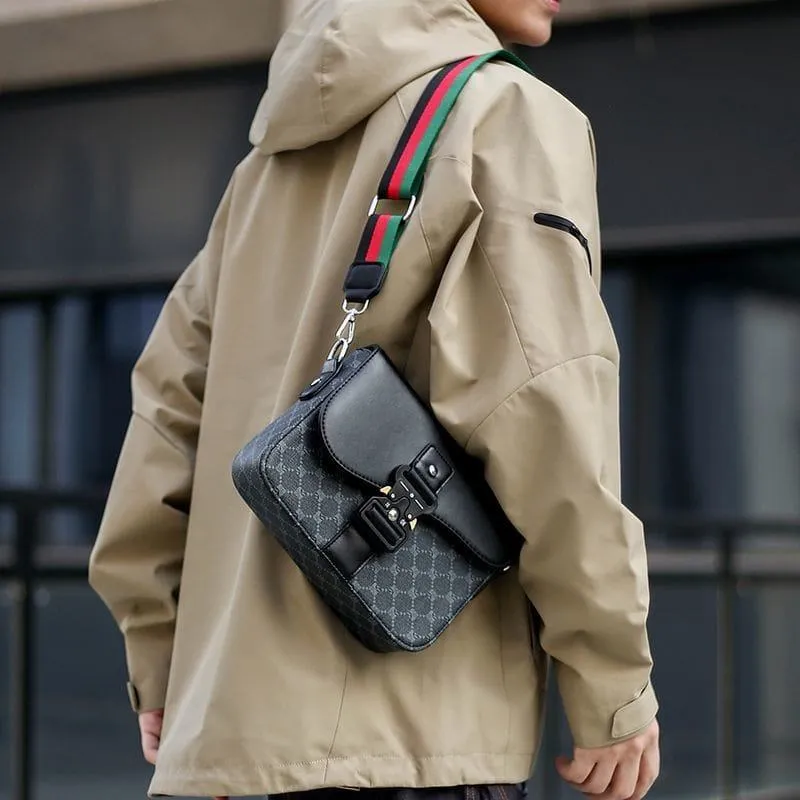 Women's Patterned Crossbody Bag Flap Saddle Purse with Tactical Buckle and Colorful Striped Woven Strap thumbnail 2