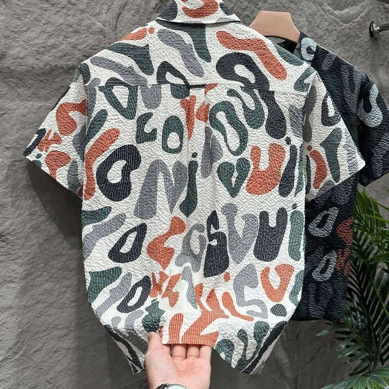 Men's Abstract Graphic Print Short Sleeve Button Down Shirt Textured Crinkle Fabric Casual Summer Top with Chest Pocket thumbnail 1
