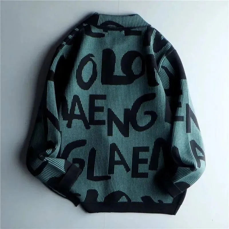 Unisex Black and Teal Green Graphic Letter Print Knit Shacket Snap Button Down Cardigan Streetwear Jacket thumbnail 2