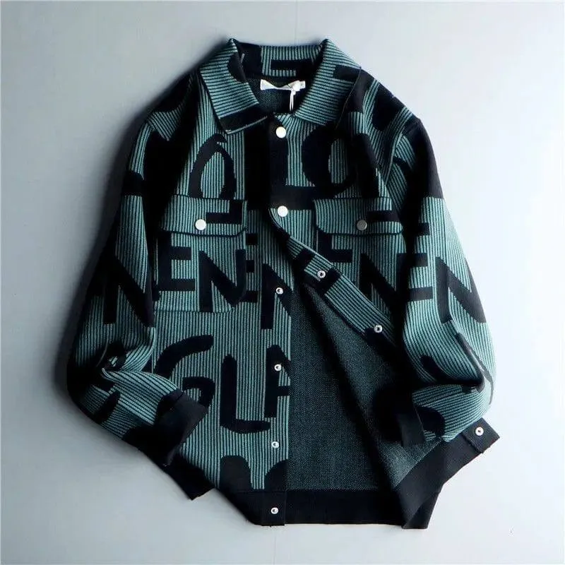 Unisex Black and Teal Green Graphic Letter Print Knit Shacket Snap Button Down Cardigan Streetwear Jacket thumbnail 3
