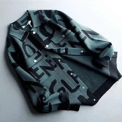 Unisex Black and Teal Green Graphic Letter Print Knit Shacket Snap Button Down Cardigan Streetwear Jacket thumbnail 1