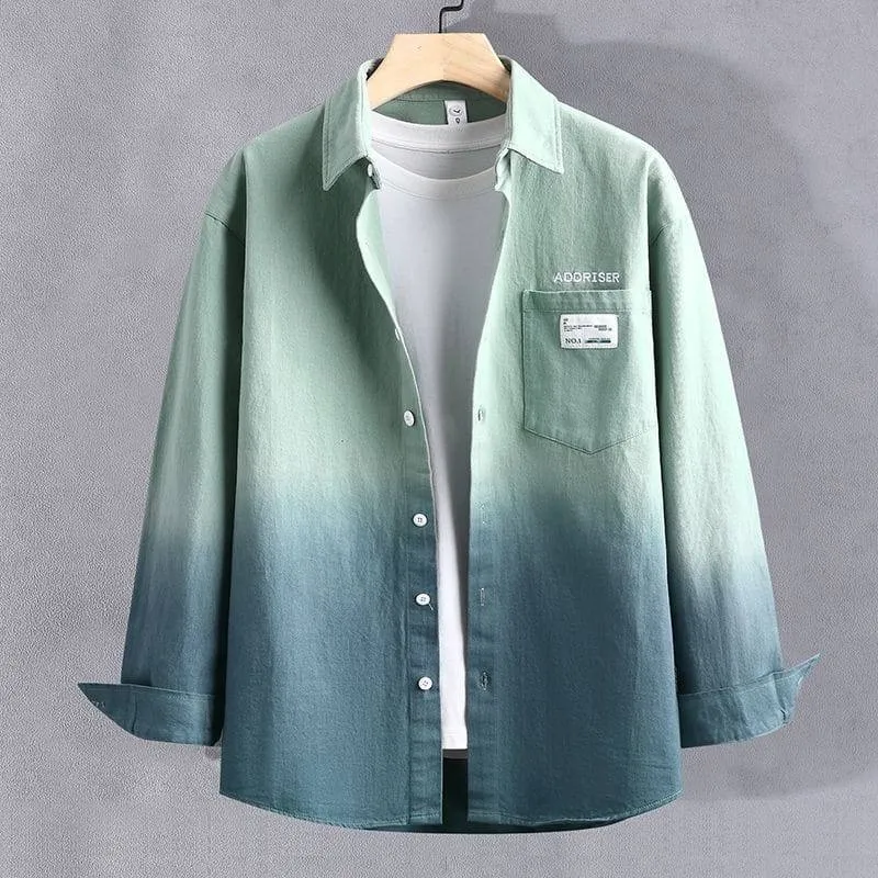 Men's Casual White and Blue Ombre Gradient Long Sleeve Button Down Shirt with Chest Pocket thumbnail 2