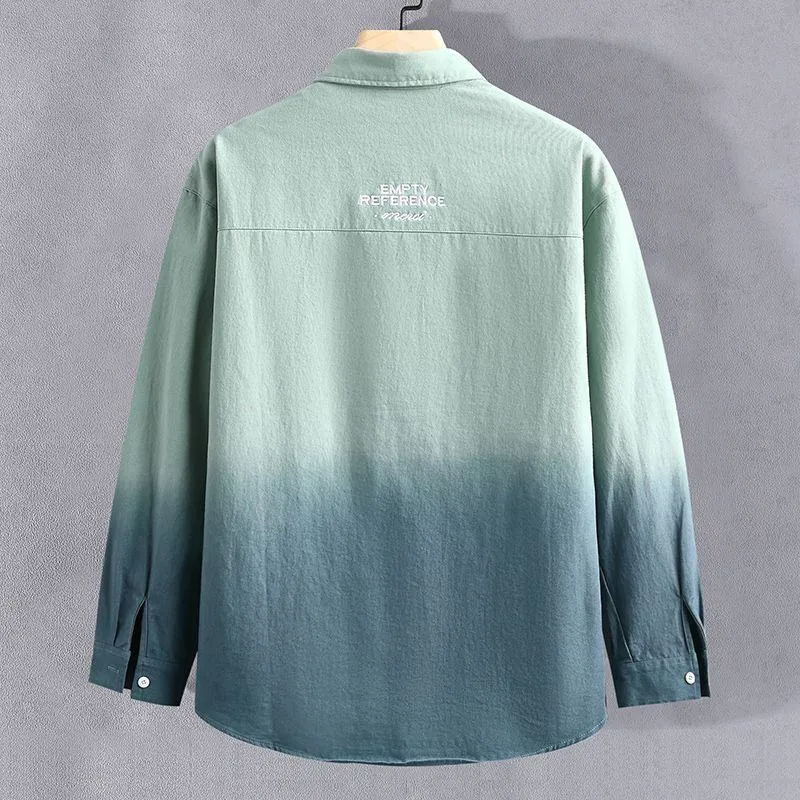 Men's Casual White and Blue Ombre Gradient Long Sleeve Button Down Shirt with Chest Pocket thumbnail 3