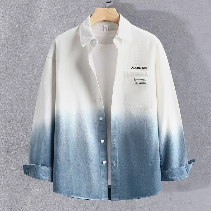 Men's Casual White and Blue Ombre Gradient Long Sleeve Button Down Shirt with Chest Pocket thumbnail 1